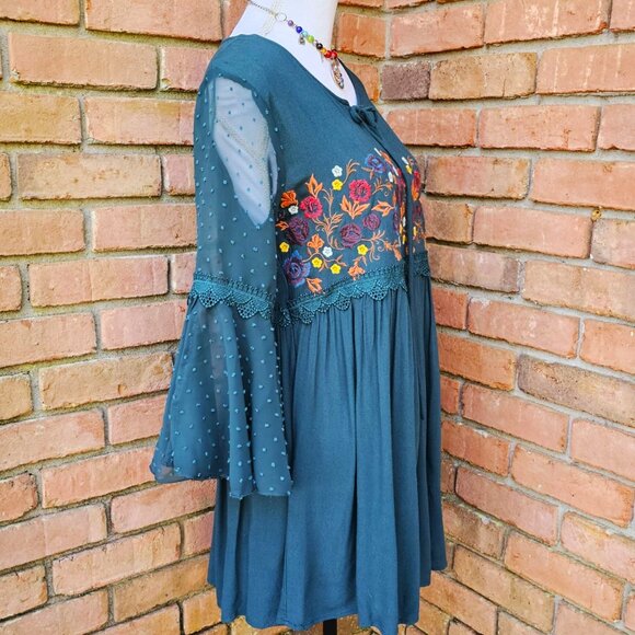 Altar'd State Brand Dress. Forest Green Floral Embroidered Swiss Dot. Size Small - Picture 4 of 12